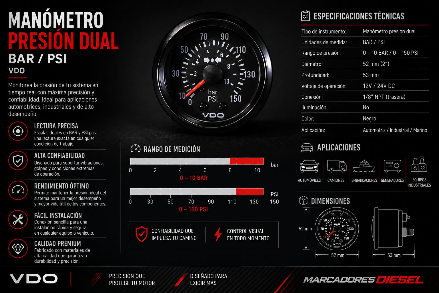 Marcador VDO Presión Aire 150-014